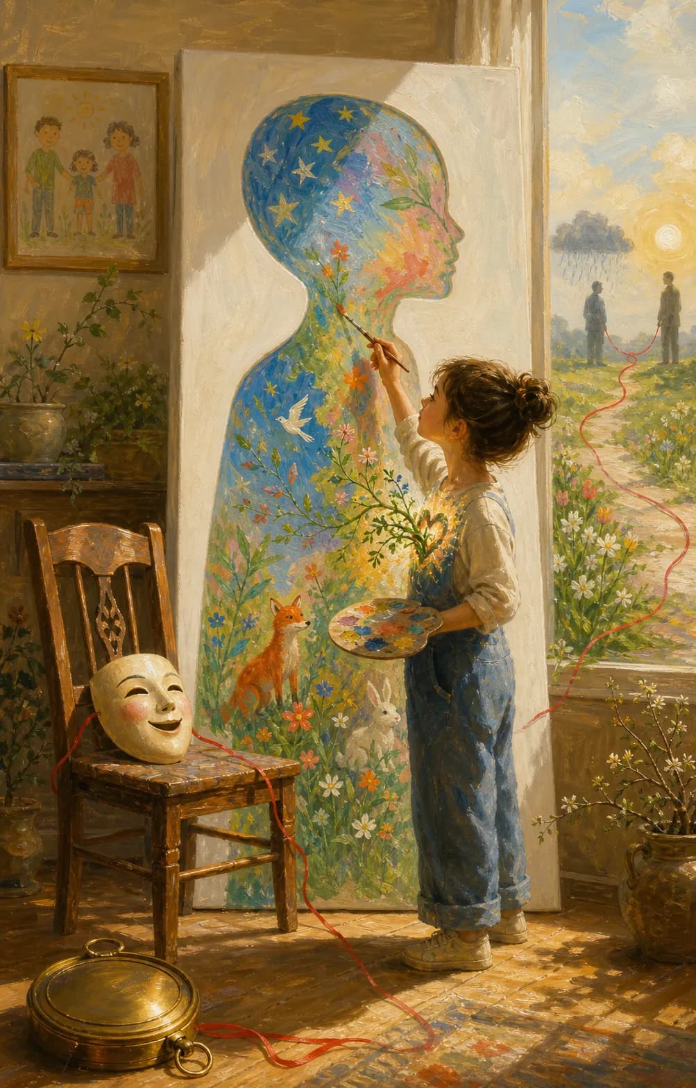 A girl paints a child's silhouette filled with a garden and stars, an illustration for child therapy