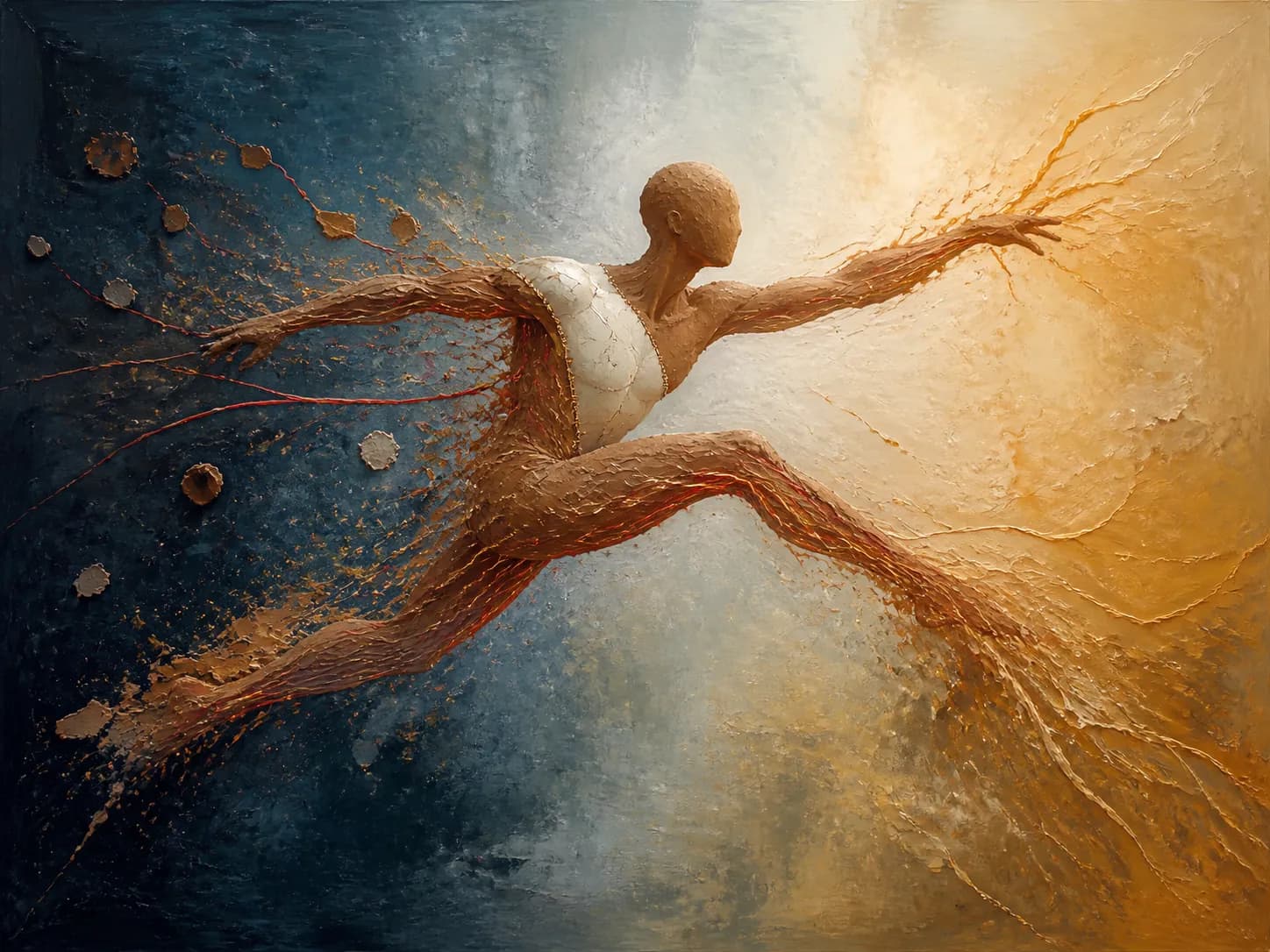 A figure with a white chest wrap reaches from dark tethers toward golden light, an illustration for trauma therapy
