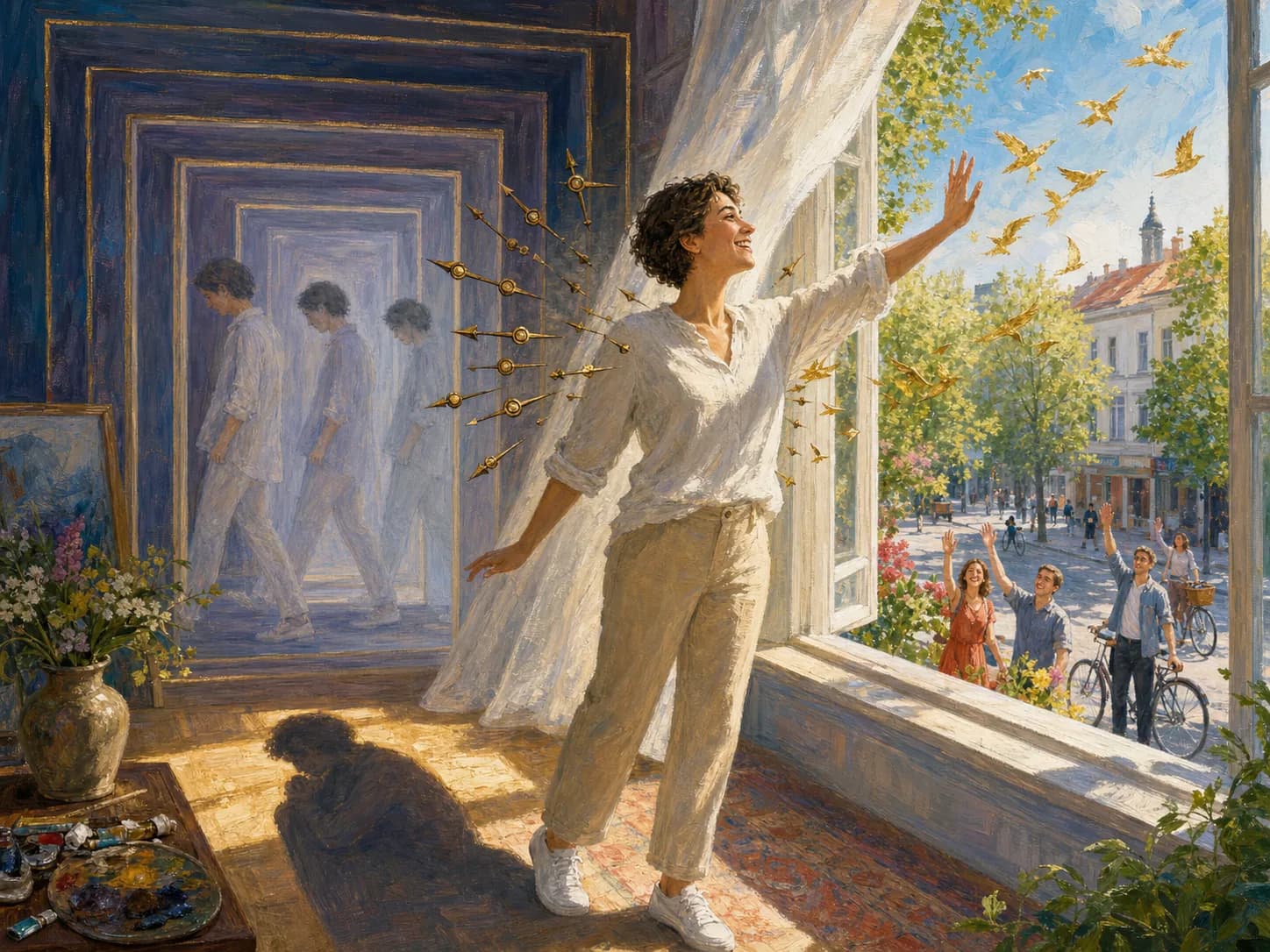 A woman at an open window, golden birds leaving her hand, blue doorways of the past on the left, an illustration for PTSD therapy