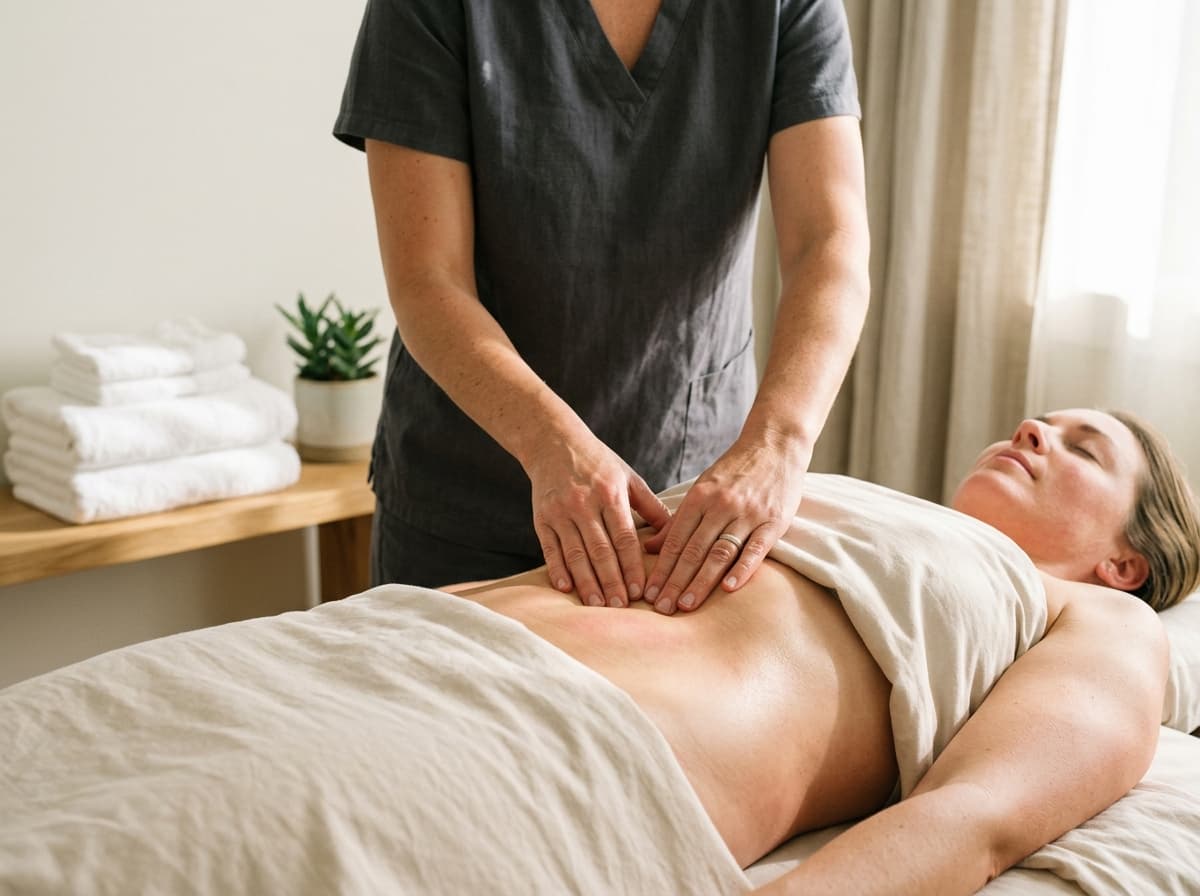 Therapist performing gentle abdominal massage on a client lying supine