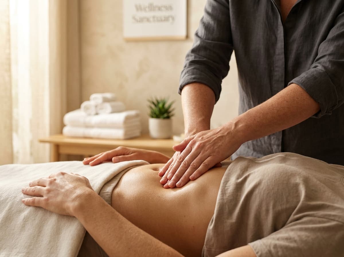 Close-up of therapist hands cupping the abdomen with light pressure