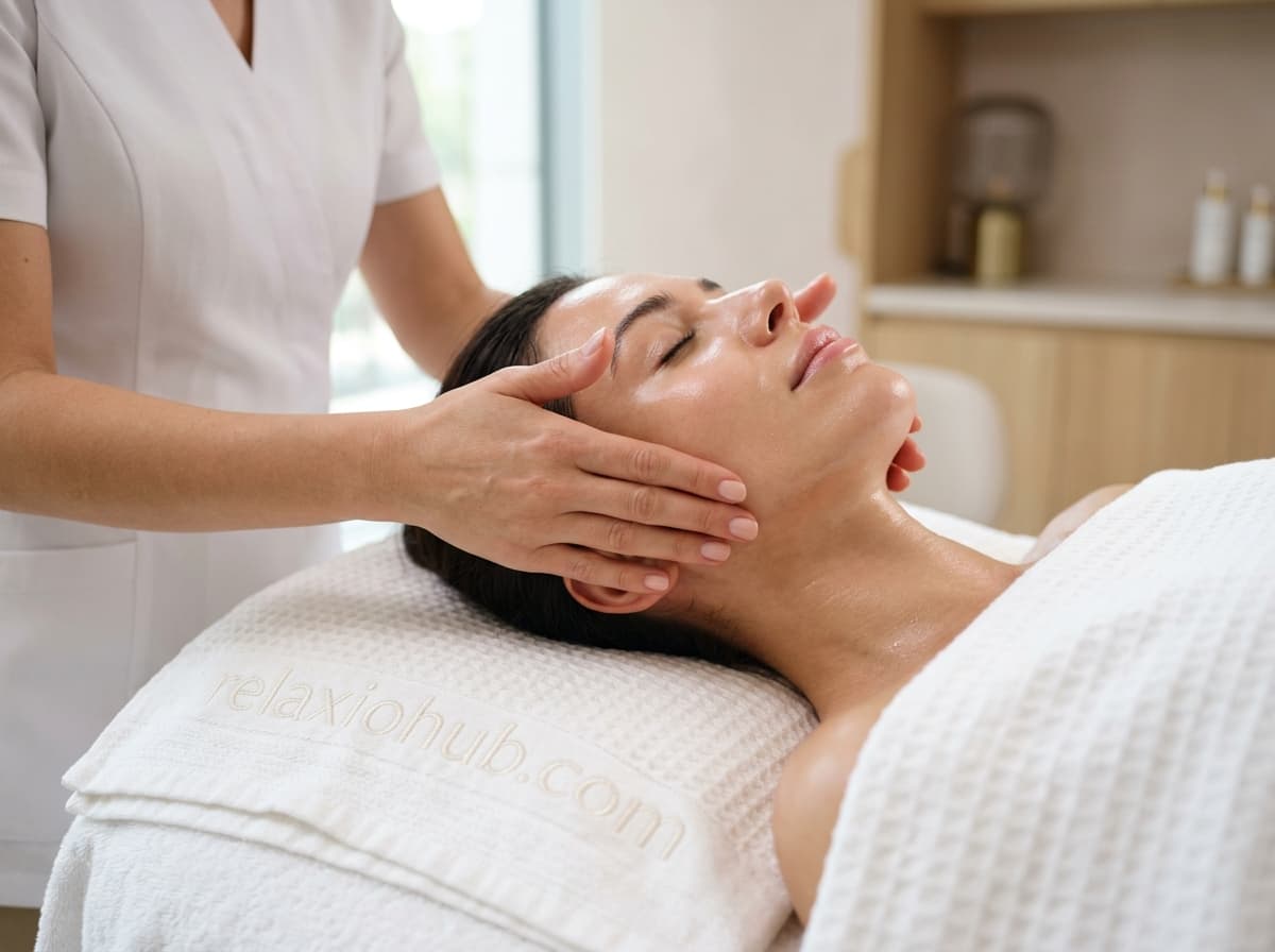 Practitioner performing a gentle lifting cosmetic facial massage in a softly lit studio