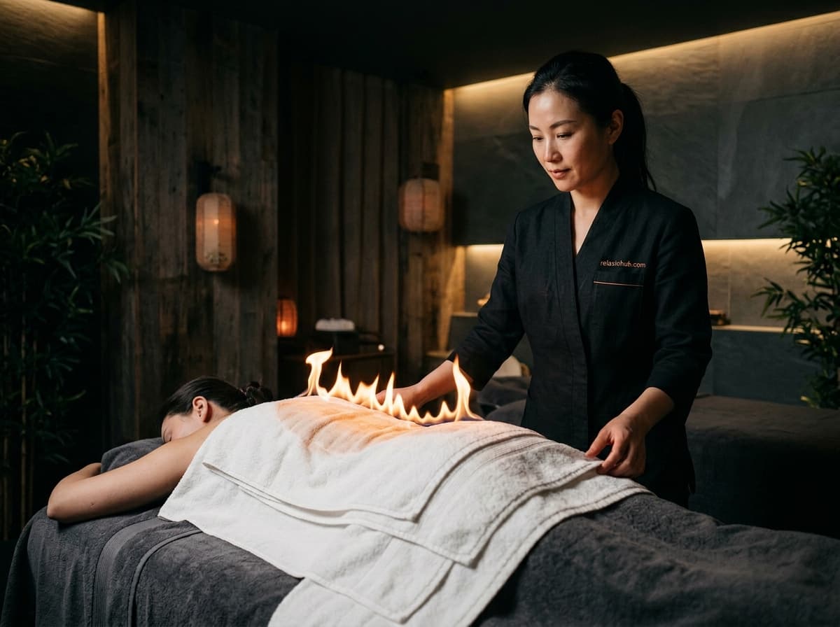 Вогняний масаж із контрольованим полум'ям і захисним рушником у SPA-кабінеті