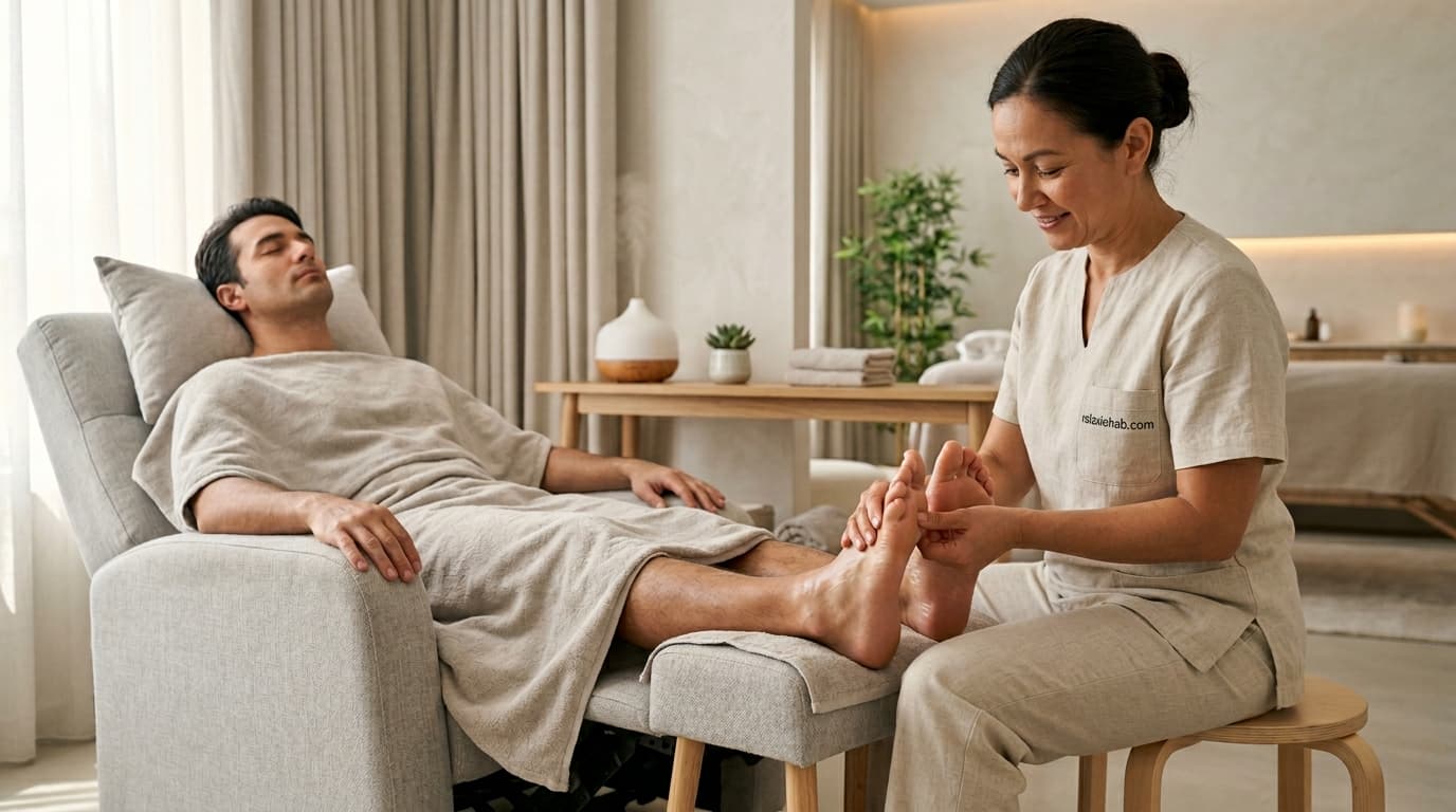 Therapist performing foot reflexology pressure work on the sole in a calm wellness studio