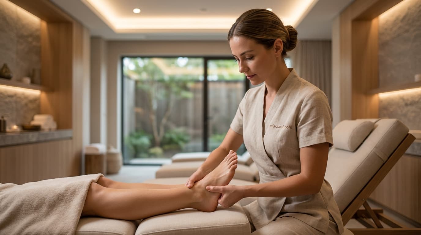 Close-up of reflexology thumb pressure on the sole and arch of the foot