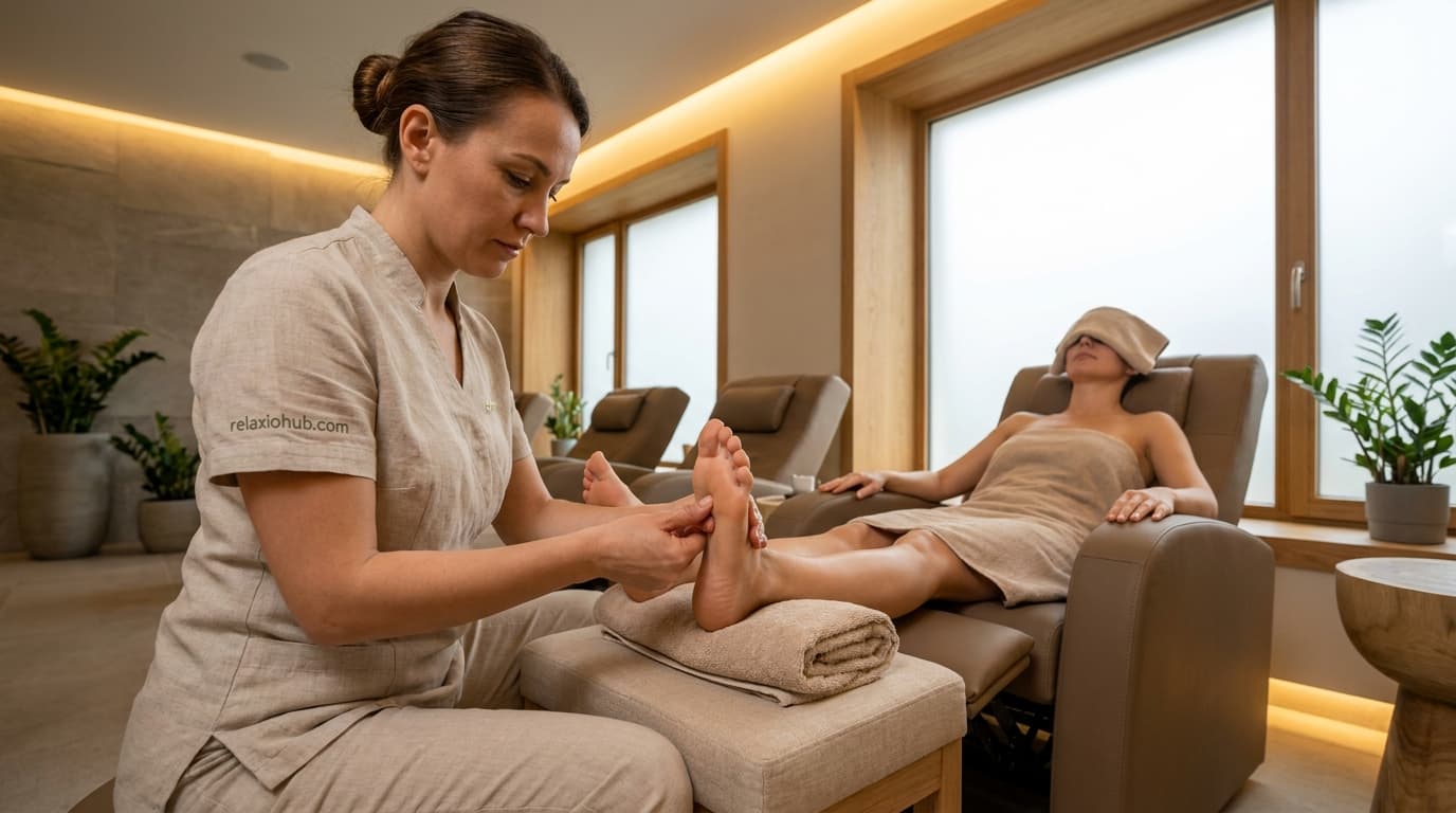 Detailed reflexology pressure work on mapped points of the foot with controlled thumb contact