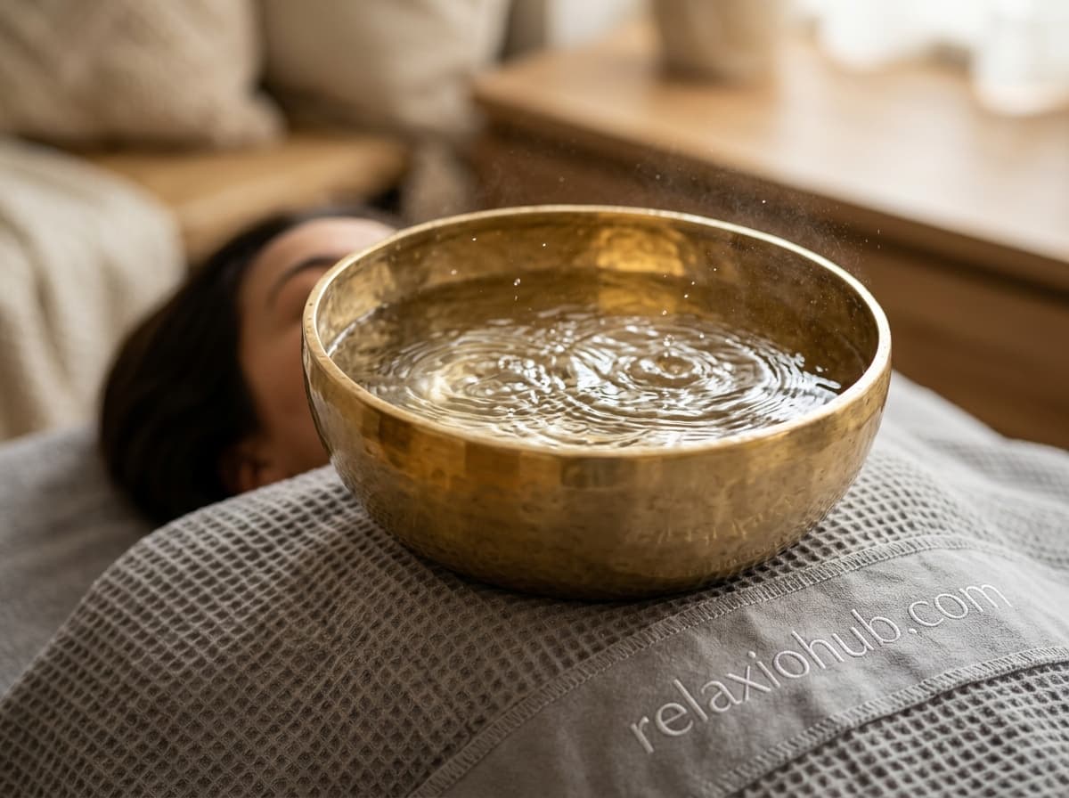 Singing bowl near the body during a quiet sound bath session