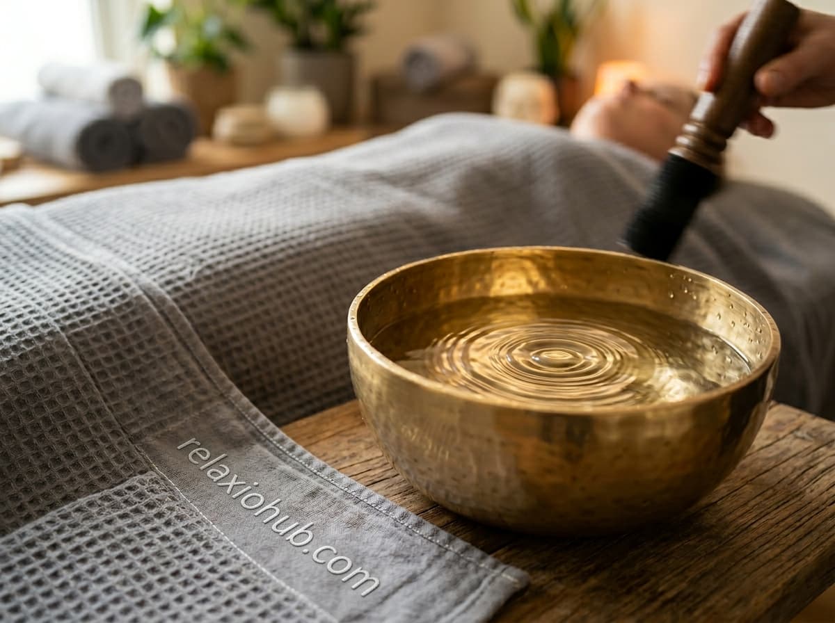 Set of singing bowls arranged in a calm room for sound massage