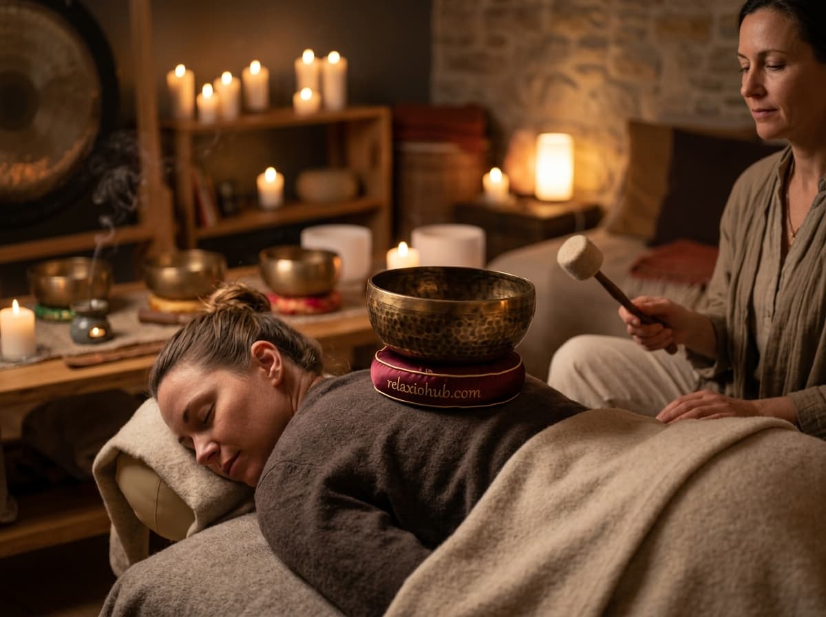 Close-up of a singing bowl near the body during sound therapy