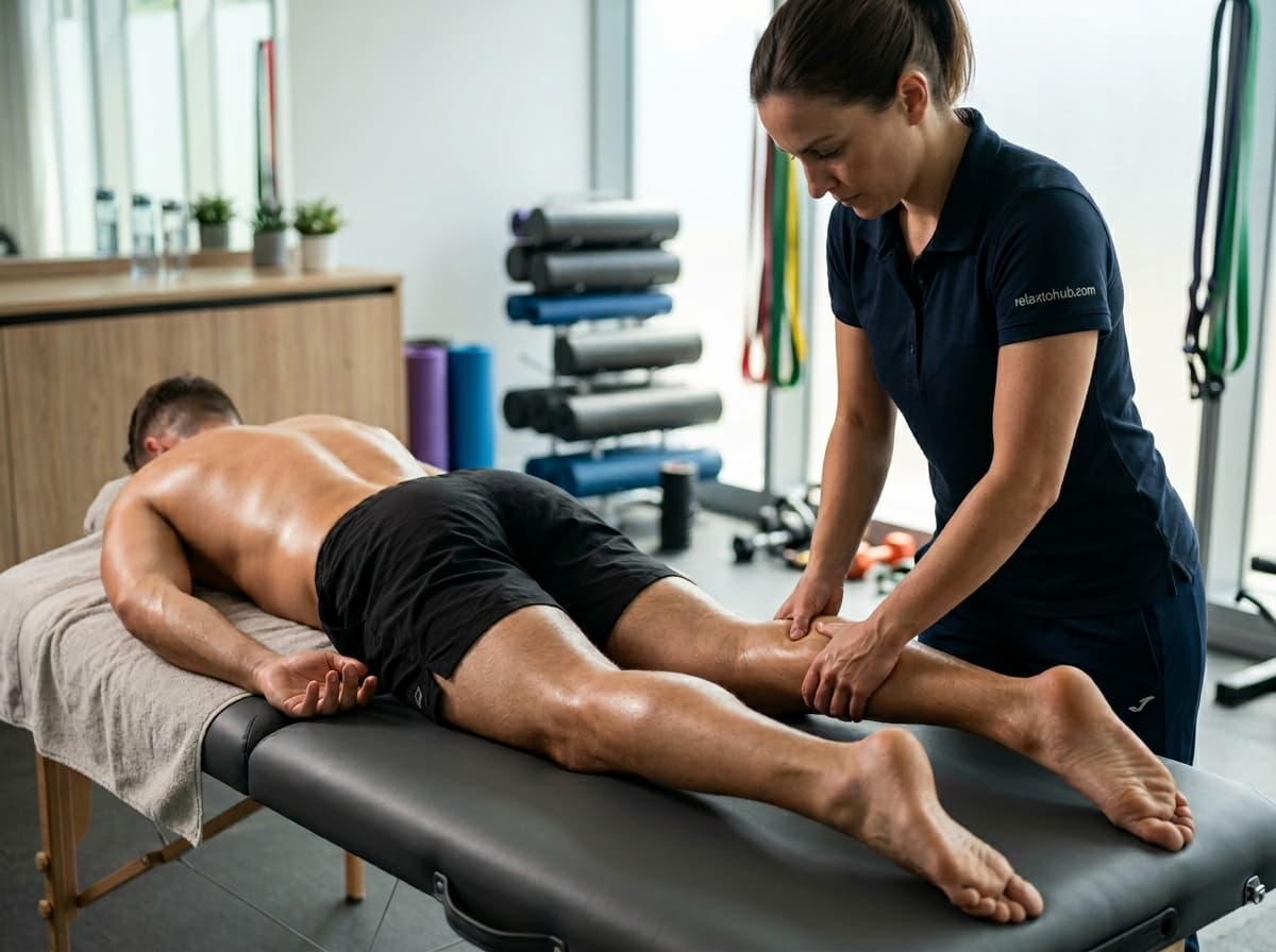 Therapist applying deeper kneading during sports massage
