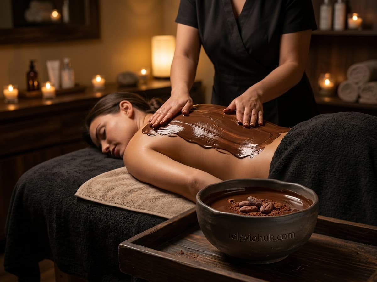 Chocolate massage session with dark cocoa spread applied to the back