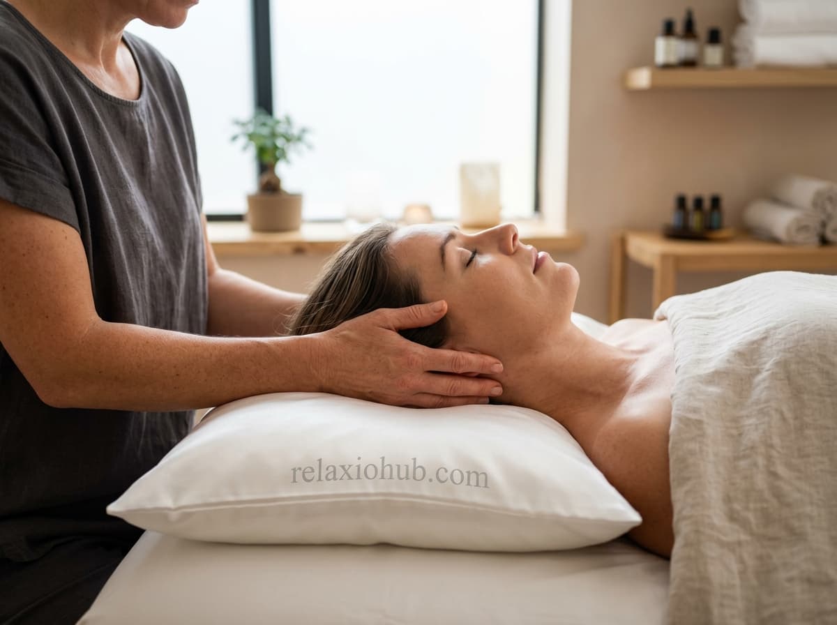Therapist maintains feather-light contact at the head or torso during craniosacral-style work