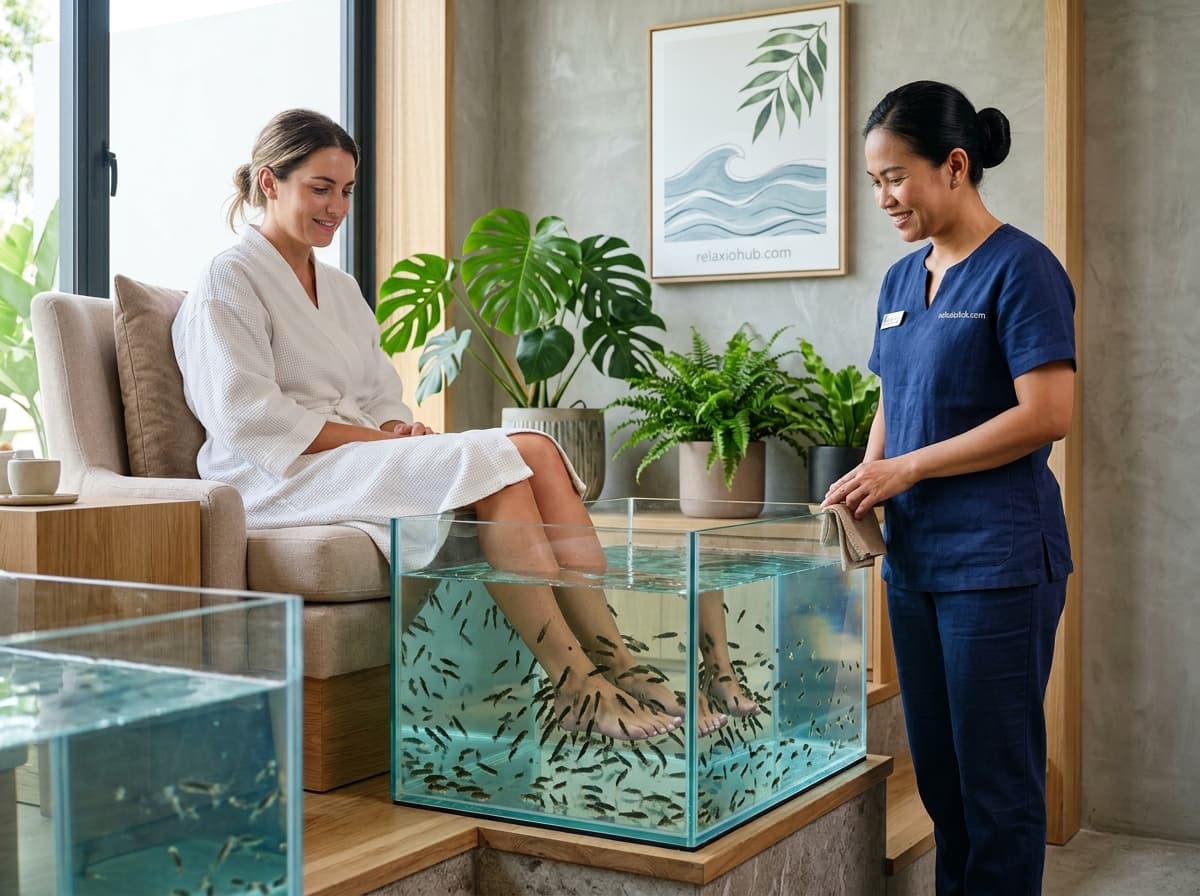Рибки Garra rufa облітають стопи в теплій spa-ванночці для пілінгу