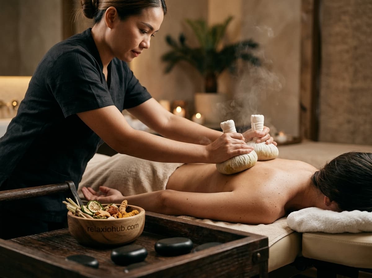 Therapist applies warm herbal compress pouches to the client's back