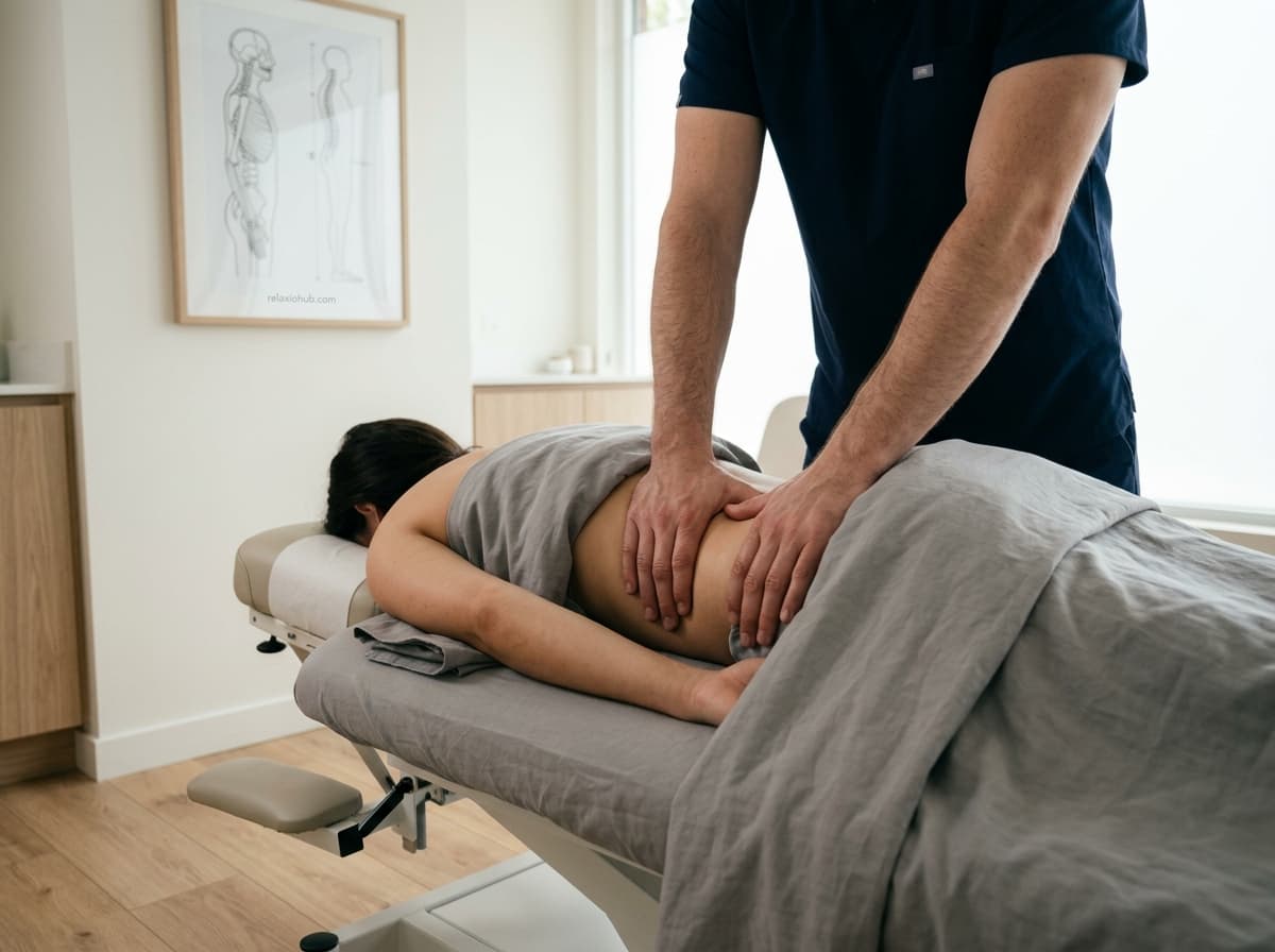 Майстер працює детально над плечовою зоною клієнта на столі