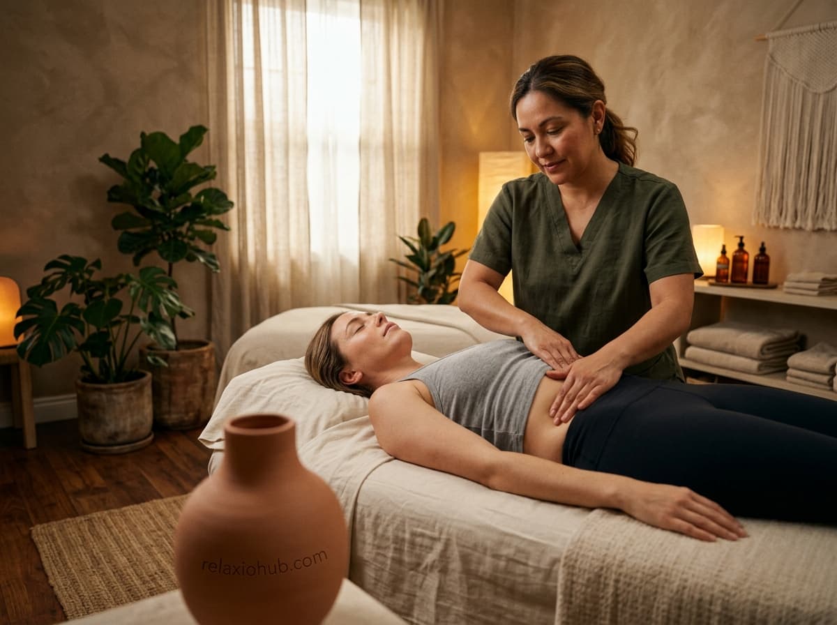 Повільний контакт рук у зоні живота та дихання клієнта під час собади