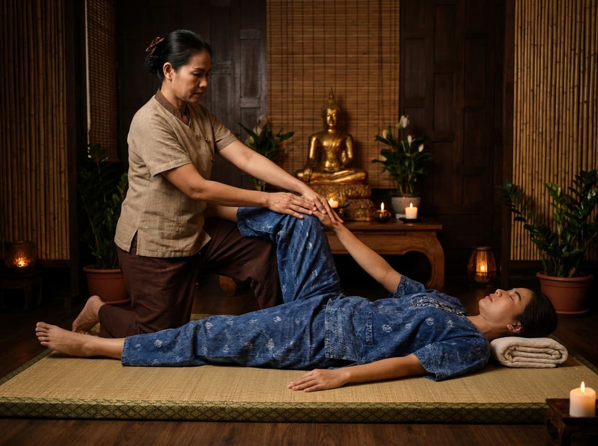 Thai massage on a mat with passive hamstring lengthening in loose pants