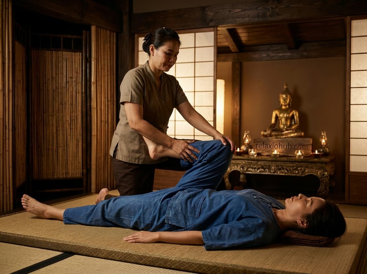 Therapist guiding a hip-opening stretch during Thai mat work